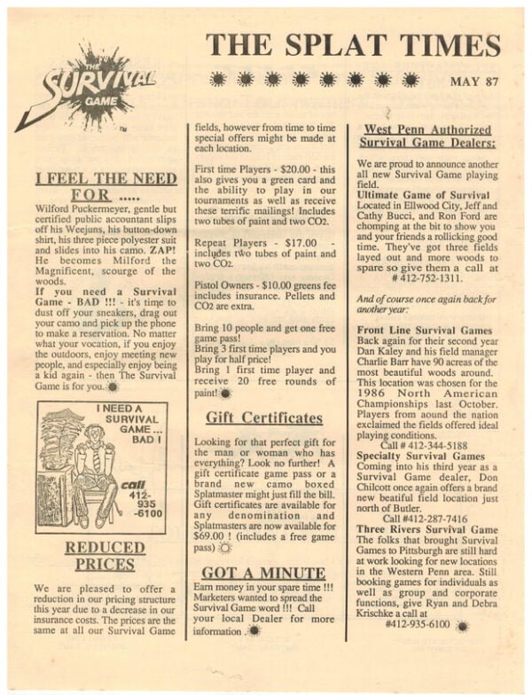NSG's Splat Times Newsletter (4 pages, 1987)